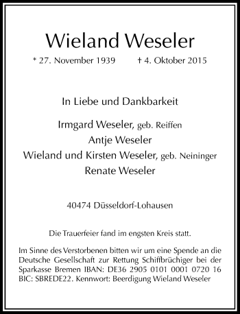 Traueranzeige von Wieland Weseler von Rheinische Post