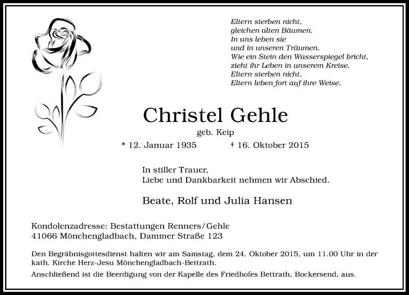  Traueranzeige für Christel Gehle vom 21.10.2015 aus Rheinische Post
