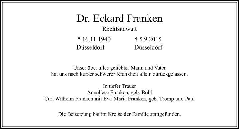  Traueranzeige für Eckard Franken vom 03.10.2015 aus Rheinische Post