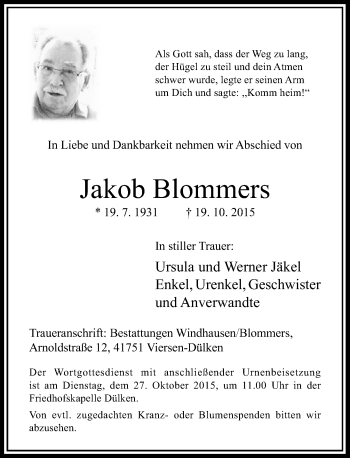 Traueranzeige von Jakob Blommers von Rheinische Post