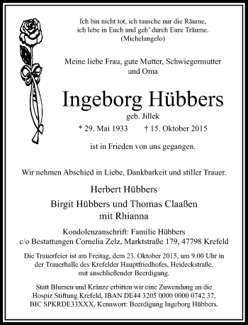 Traueranzeige von Ingeborg Hübbers von Rheinische Post