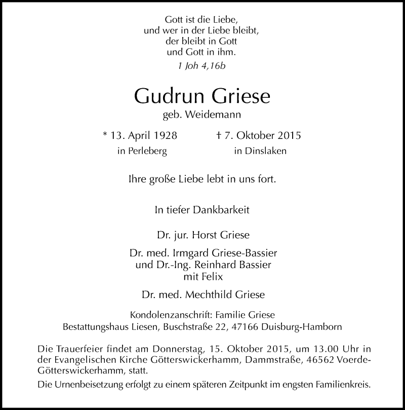  Traueranzeige für Gudrun Griese vom 10.10.2015 aus Rheinische Post