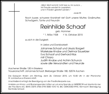 Traueranzeige von Reinhilde Schaaf von Rheinische Post