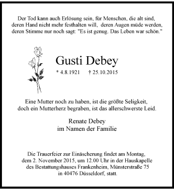 Traueranzeige von Gusti Debey von Rheinische Post