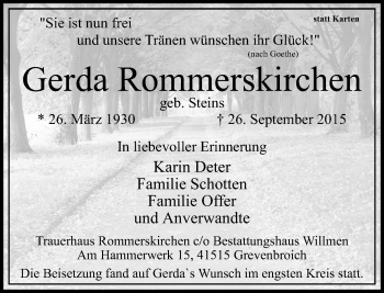 Traueranzeige von Gerda Rommerskirchen von Rheinische Post
