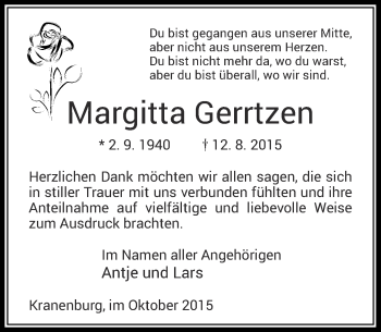 Traueranzeige von Margitta Gerrtzen von Rheinische Post