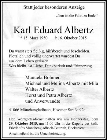 Traueranzeige von Karl Eduard Albertz von Rheinische Post