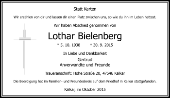 Traueranzeige von Lothar Bielenberg von Rheinische Post