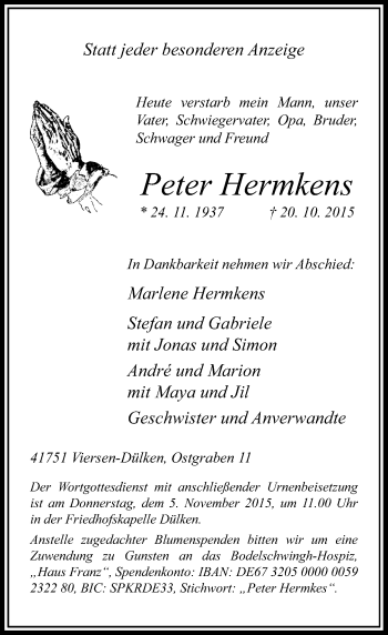 Traueranzeige von Peter Hermkens von Rheinische Post