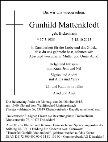 Traueranzeige von Gunhild Mattenklodt von Rheinische Post