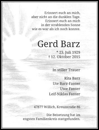 Traueranzeige von Gerd Barz von Rheinische Post