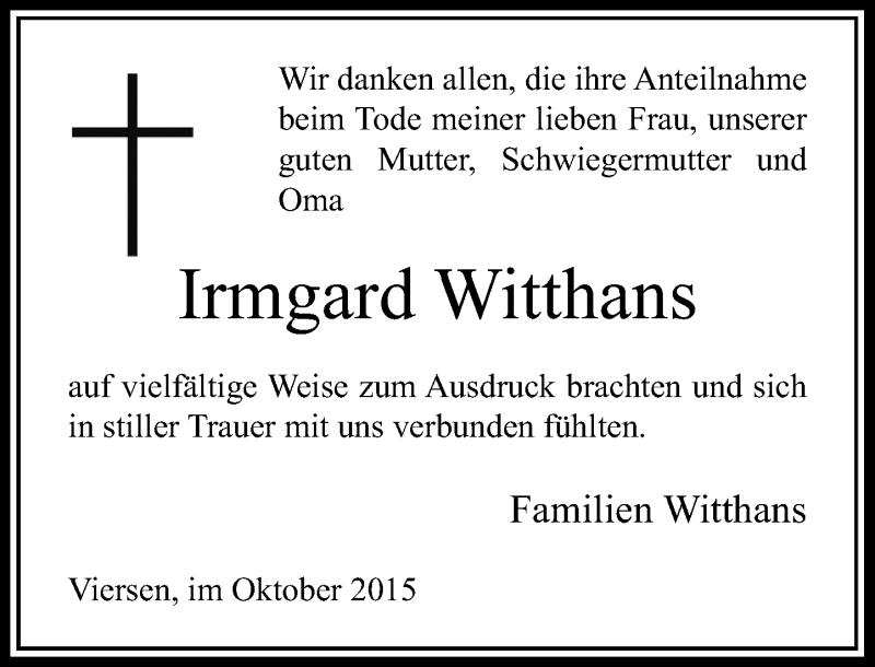  Traueranzeige für Irmgard Witthans vom 31.10.2015 aus Rheinische Post