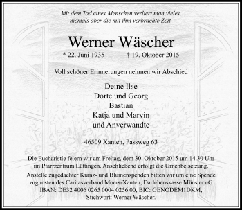 Traueranzeige von Werner Wäscher von Rheinische Post