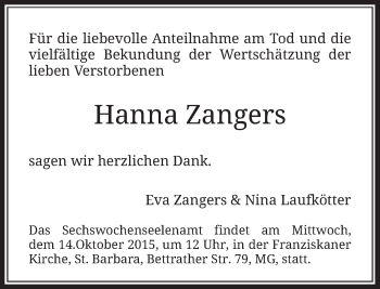 Traueranzeige von Hanna Zangers von Rheinische Post