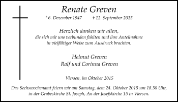 Traueranzeige von Renate Greven von Rheinische Post