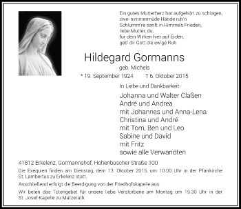 Traueranzeige von Hildegard Gormanns von Rheinische Post