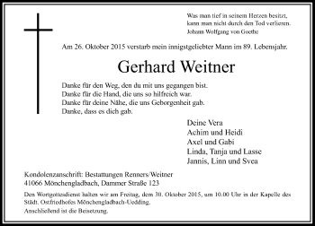 Traueranzeige von Gerhard Weitner von Rheinische Post