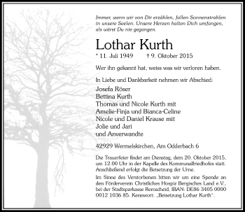 Traueranzeige von Lothar Kurth von Rheinische Post