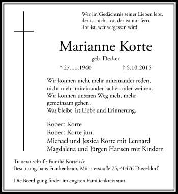 Traueranzeige von Marianne Korte von Rheinische Post