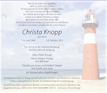 Traueranzeige von Christa Knopp von Rheinische Post