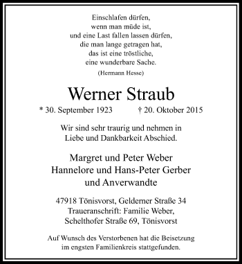 Traueranzeige von Werner Straub von Rheinische Post