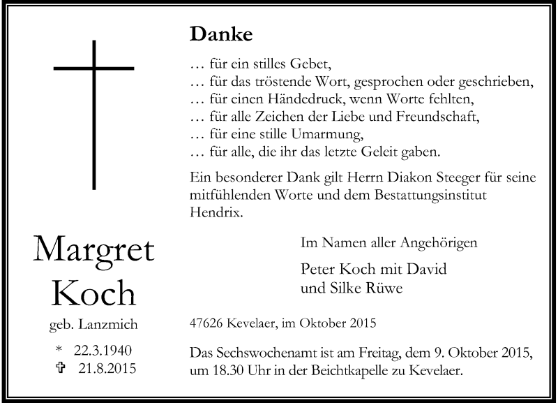  Traueranzeige für Margret Koch vom 03.10.2015 aus Rheinische Post