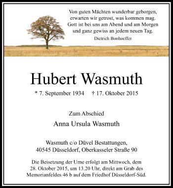 Traueranzeige von Hubert Wasmuth von Rheinische Post