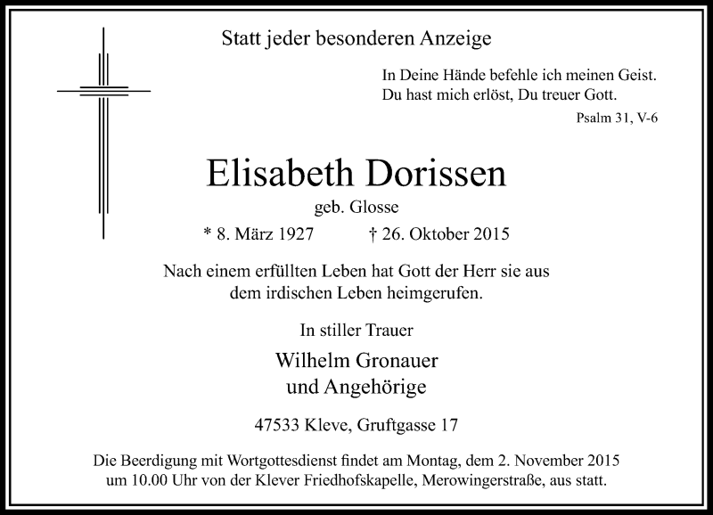  Traueranzeige für Elisabeth Dorissen vom 30.10.2015 aus Rheinische Post