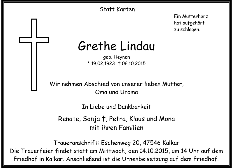  Traueranzeige für Grethe Lindau vom 10.10.2015 aus Rheinische Post