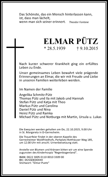 Traueranzeige von Elmar Pütz von Rheinische Post