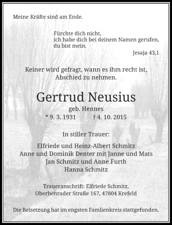 Traueranzeige von Gertrud Neusius von Rheinische Post