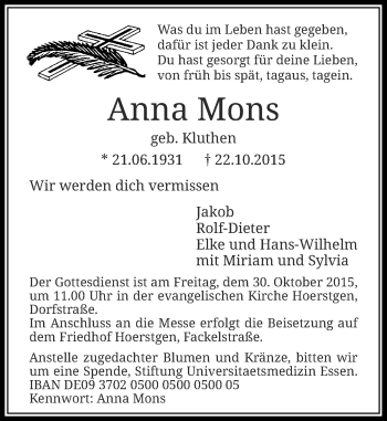 Traueranzeige von Anna Mons von Rheinische Post