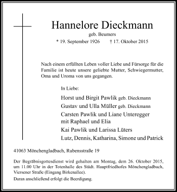 Traueranzeige von Hannelore Dieckmann von Rheinische Post