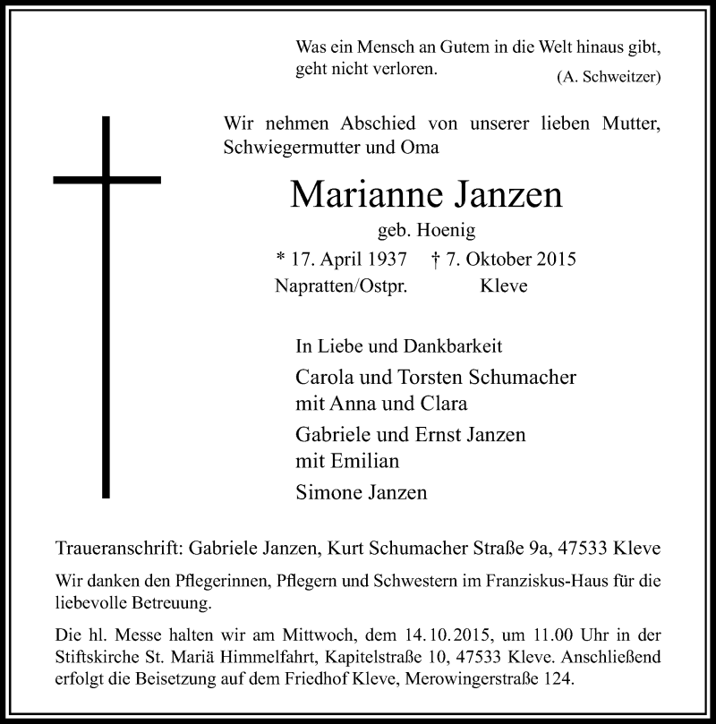  Traueranzeige für Marianne Janzen vom 10.10.2015 aus Rheinische Post
