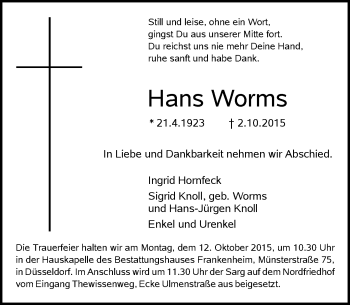 Traueranzeige von Hans Worms von Rheinische Post