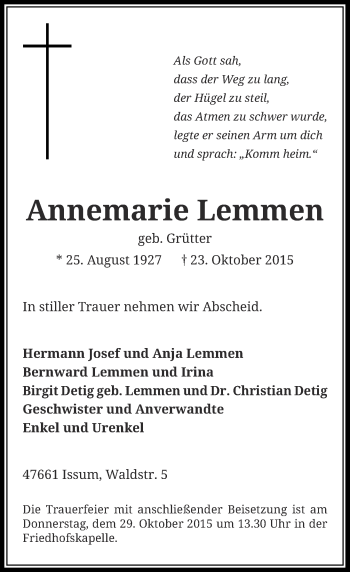 Traueranzeige von Annemarie Lemmen von Rheinische Post