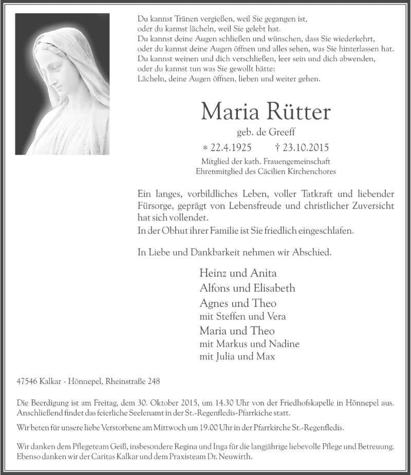  Traueranzeige für Maria Rütter vom 27.10.2015 aus Rheinische Post