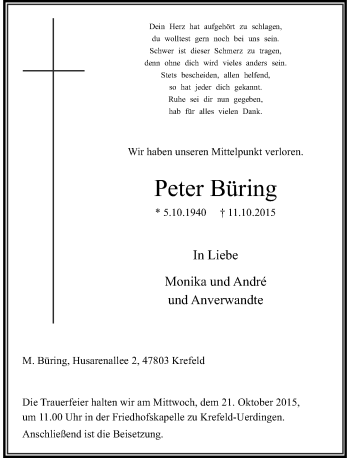 Traueranzeige von Peter Büring von Rheinische Post