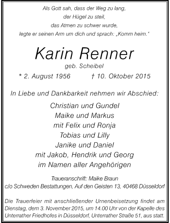 Traueranzeige von Karin Renner von Rheinische Post