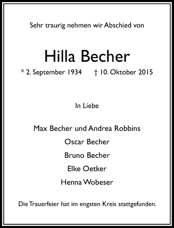 Traueranzeige von Hilla Becher von Rheinische Post