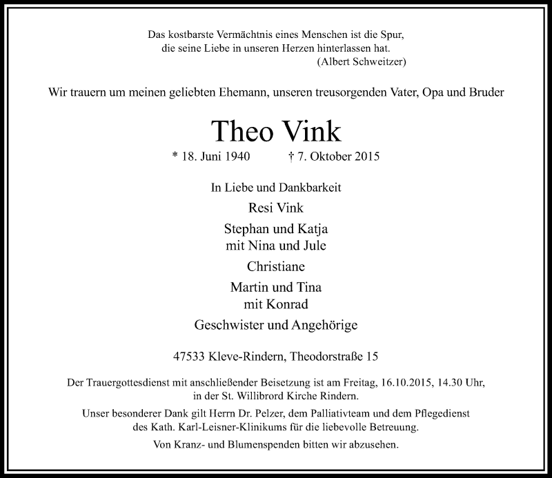  Traueranzeige für Theo Vink vom 12.10.2015 aus Rheinische Post