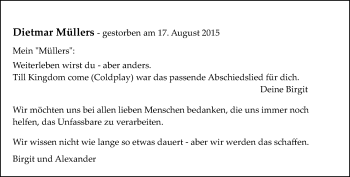 Traueranzeige von Dietmar Müllers von Rheinische Post