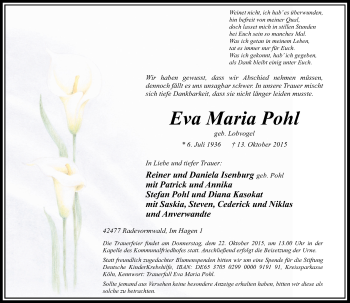 Traueranzeige von Eva Maria Pohl von Rheinische Post