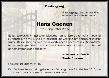 Traueranzeige von Hans Coenen von Rheinische Post