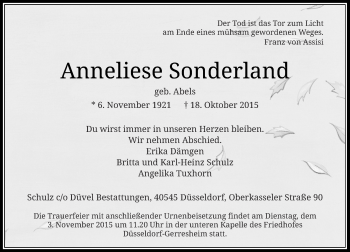 Traueranzeige von Anneliese Sonderland von Rheinische Post