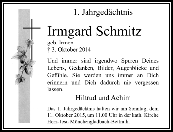 Traueranzeige von Irmgard Schmitz von Rheinische Post