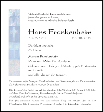 Traueranzeige von Hans Frankenheim von Rheinische Post