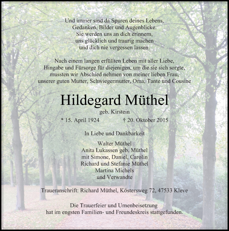  Traueranzeige für Hildegard Müthel vom 31.10.2015 aus Rheinische Post