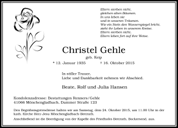 Traueranzeige von Christel Gehle von Rheinische Post