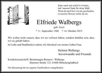 Traueranzeige von Elfriede Walbergs von Rheinische Post